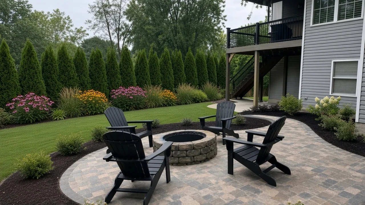 Tall perennials and shrubs screening an Iowa backyard fence line