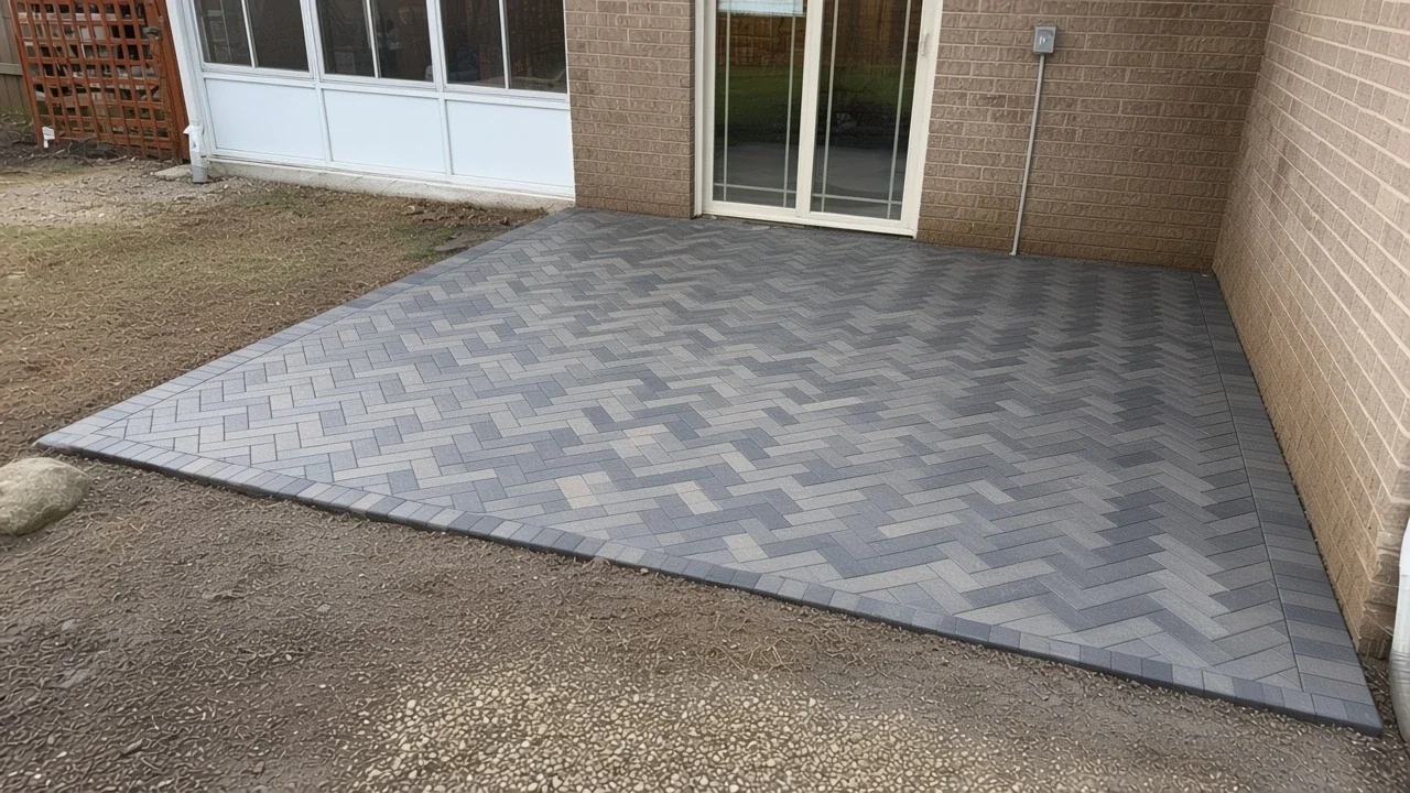 Paver patio with a fire pit showing a locked installation pattern