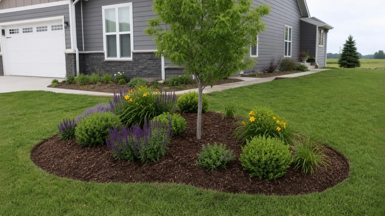 Island bed with a tree, perennials, and mulch in an Iowa front yard