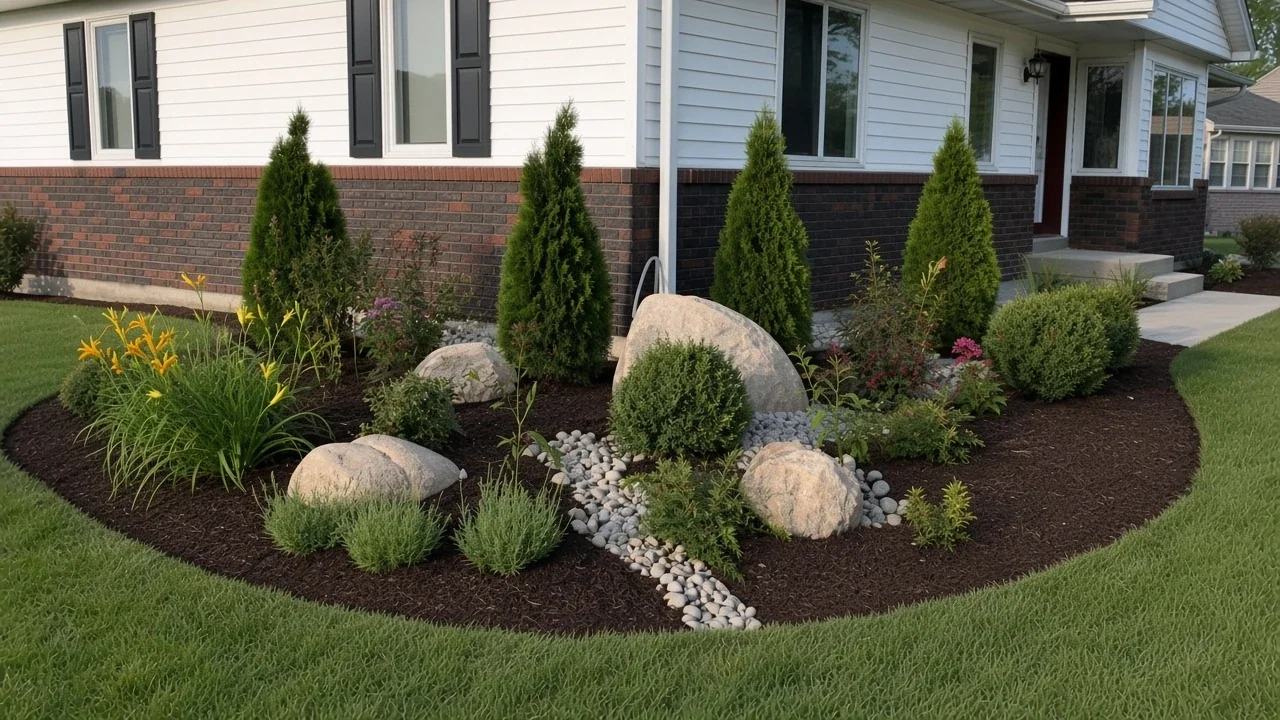 Landscape boulders and river rock anchoring an Iowa planting bed
