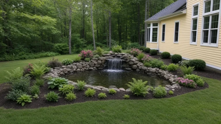 Cedar Falls pond, stream, and gardens from a finished landscape project