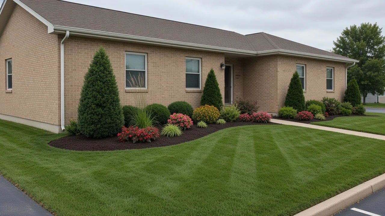 Commercial property lawn and planting beds after professional landscaping