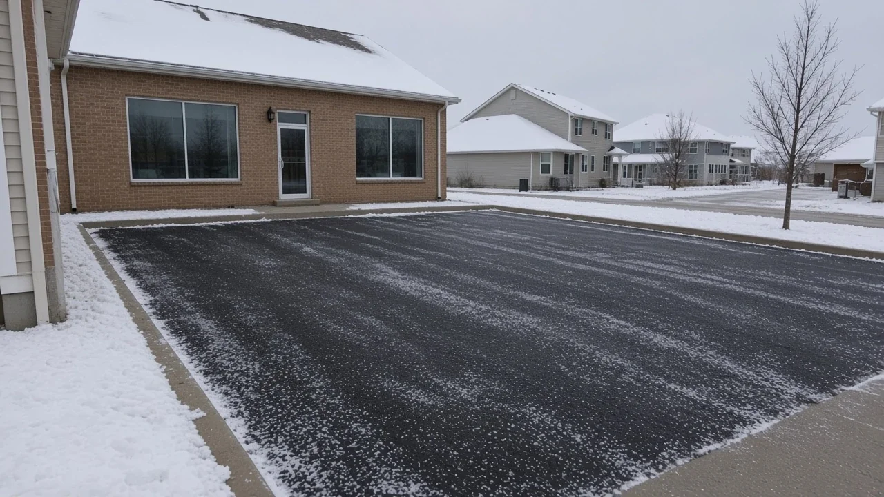 Plowed asphalt lot at a small Cedar Falls commercial building after snowfall