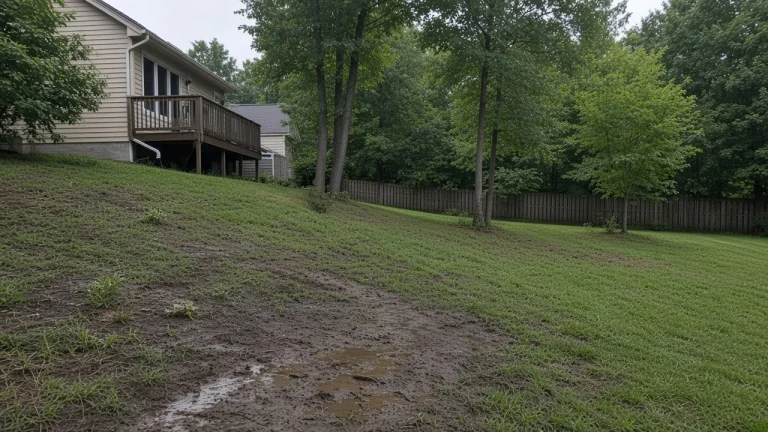 Sloped Iowa yard before a drainage and water-feature rebuild