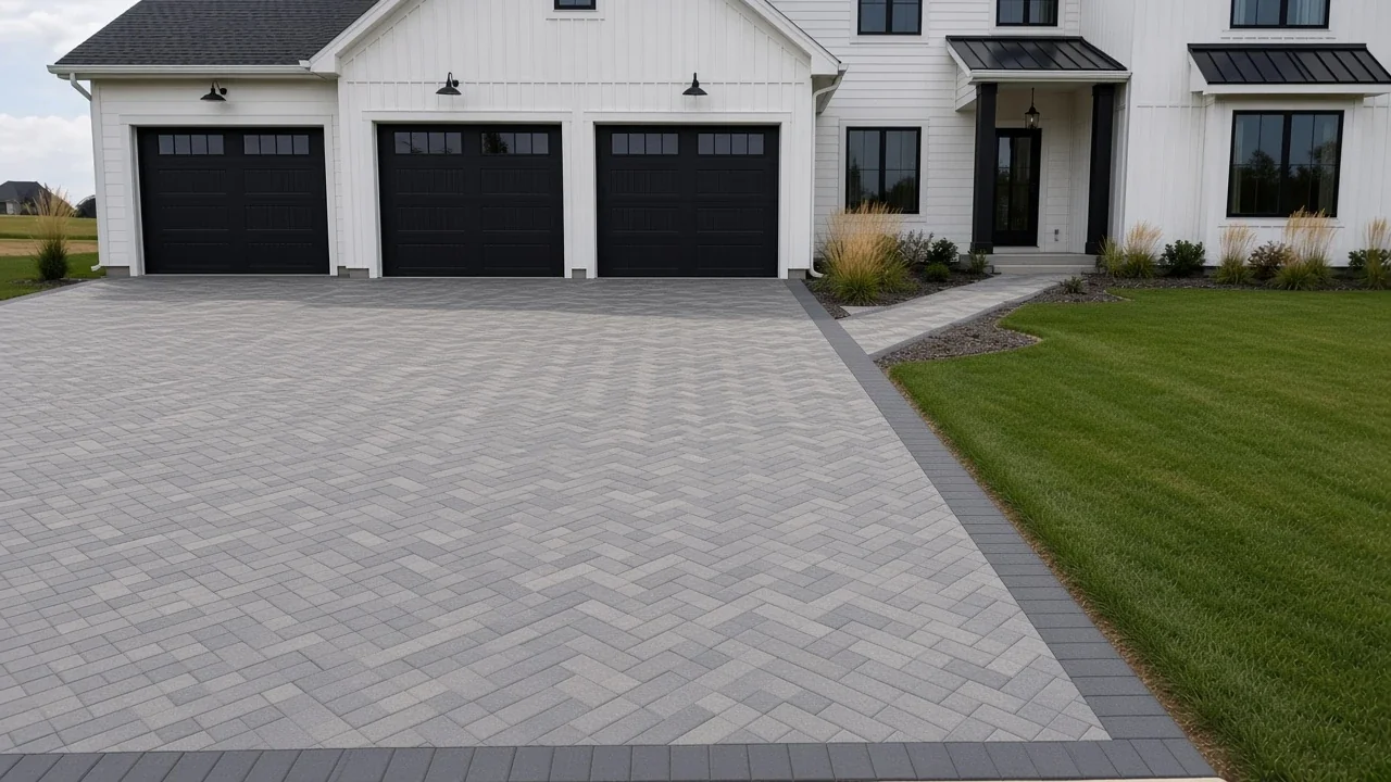 Gray paver driveway at a modern Iowa farmhouse after installation