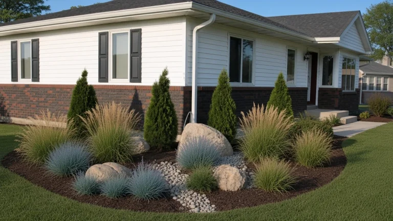 Rock landscaping and drought-tolerant plantings in an Iowa yard