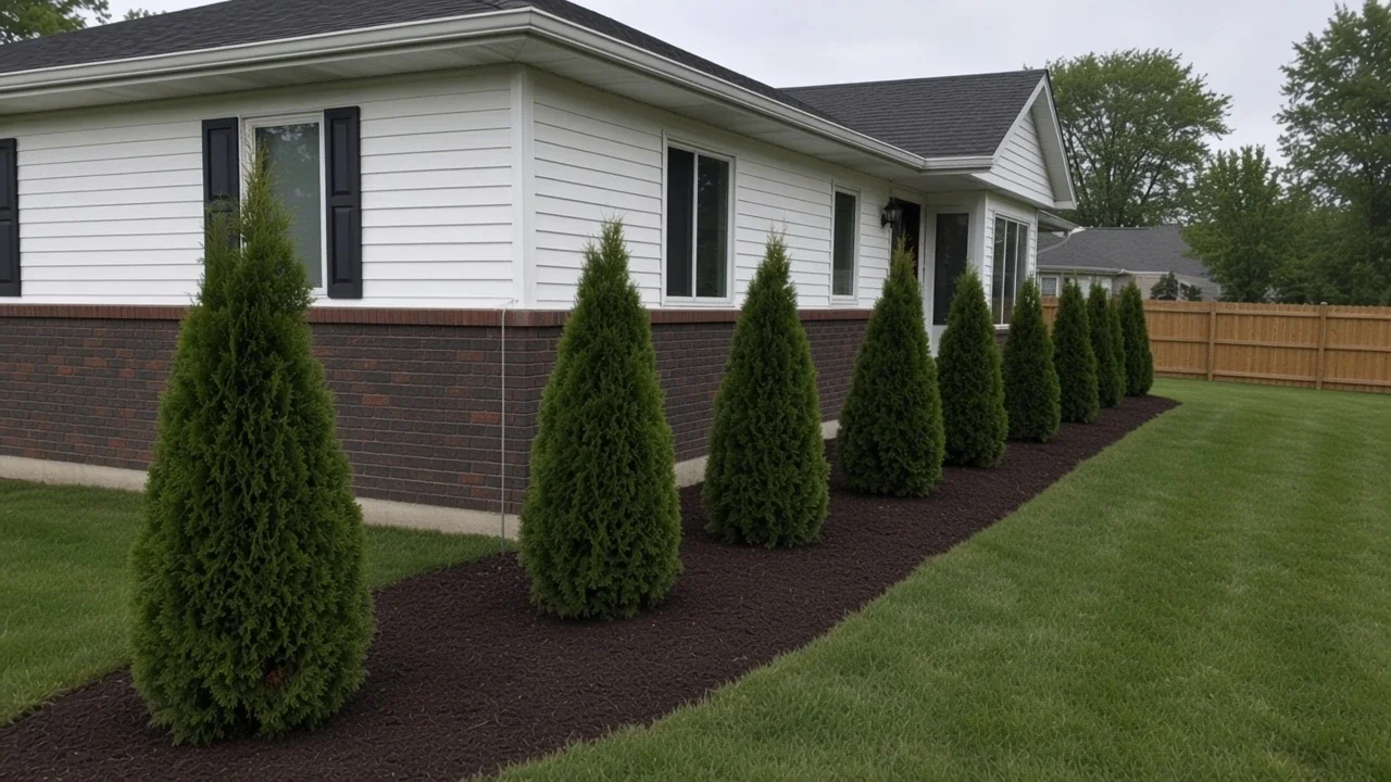 Arborvitae evergreens screening a property line in an Iowa landscape