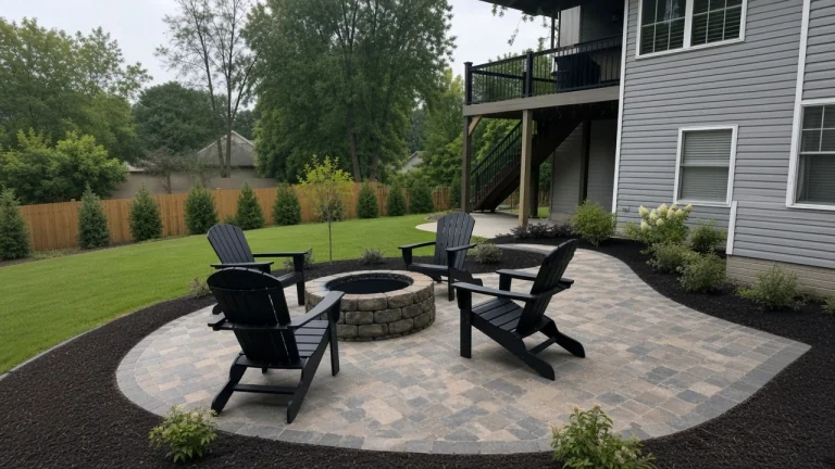 Paver patio with a stone fire pit and Adirondack chairs in Cedar Falls