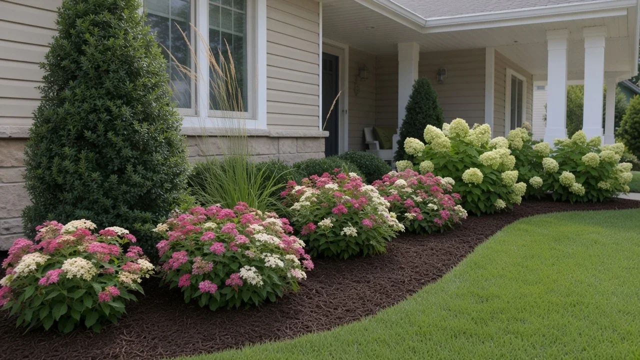 Flowering shrubs and new landscape installation along an Iowa home
