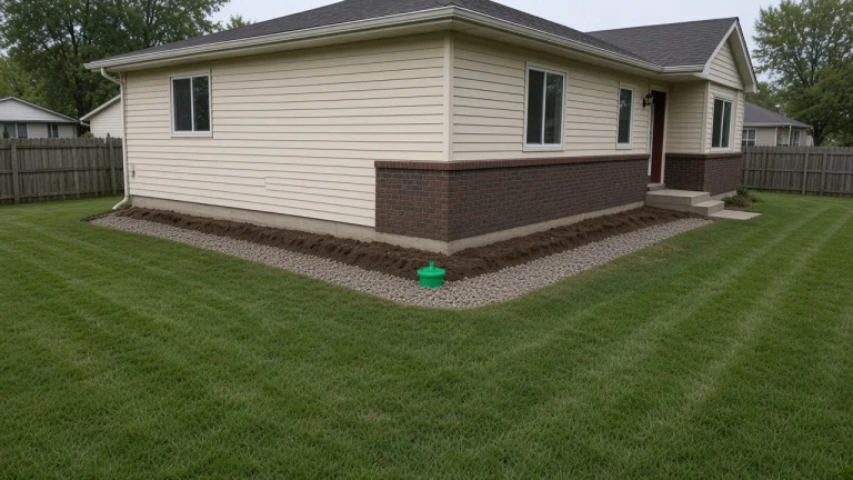 Gravel drainage bed and pop-up emitter along an Iowa ranch foundation