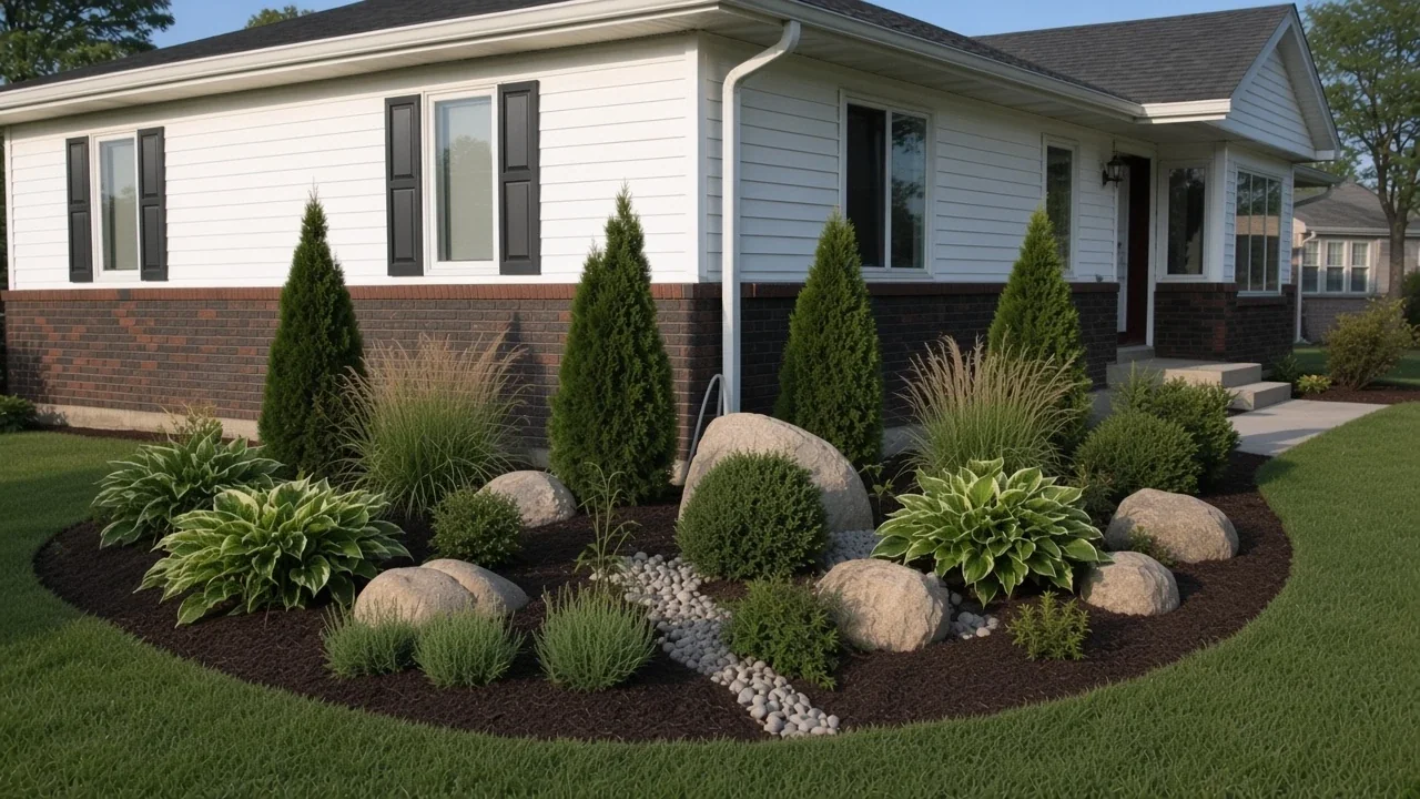Front-yard beds with hostas, grasses, and boulders in Cedar Falls