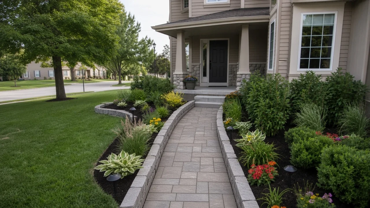 Stone walk and garden walls where Cedar Falls path lights belong