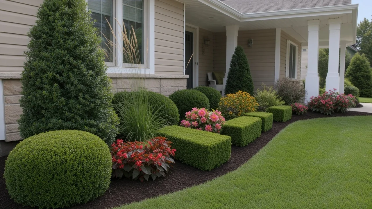 Pruned foundation shrubs and flowers in a mulched Iowa bed