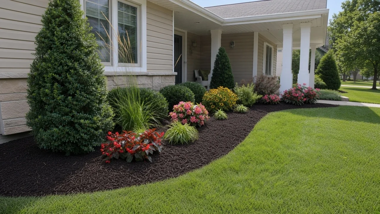 Fresh mulch in a foundation planting bed with shrubs and flowers
