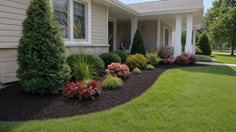 Fresh mulch in a foundation planting bed with shrubs and flowers