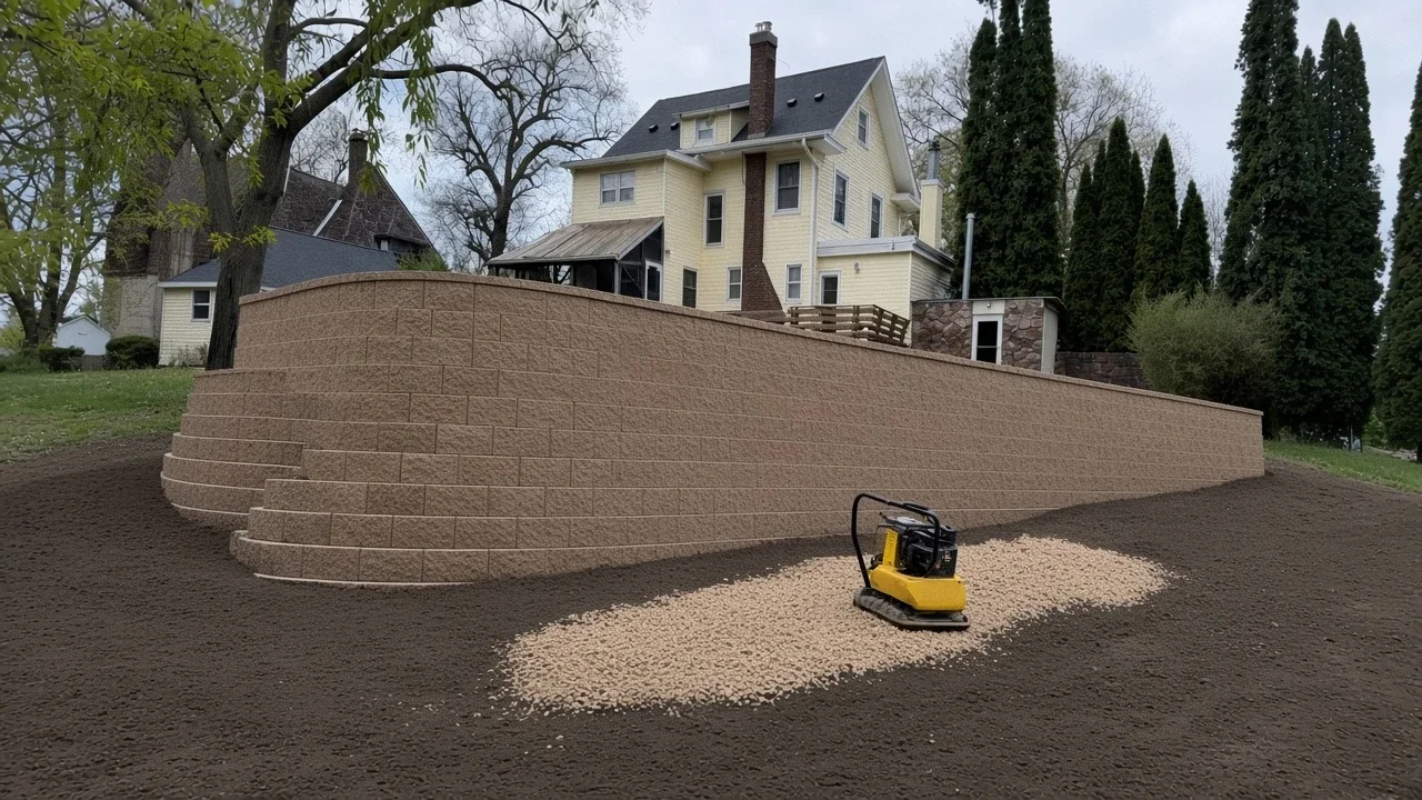 Plate compactor on fresh soil below a new block retaining wall in Cedar Falls