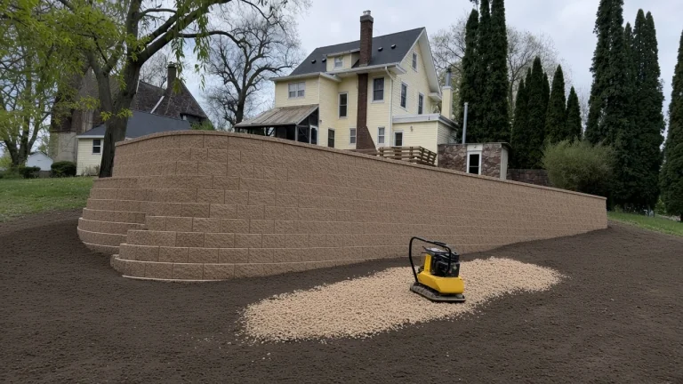 Plate compactor on fresh soil below a new block retaining wall in Cedar Falls