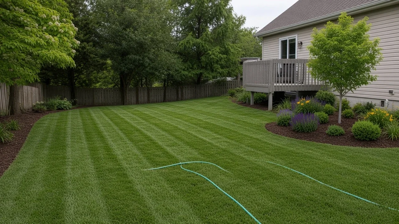 Freshly watered Iowa backyard lawn after new turf establishment