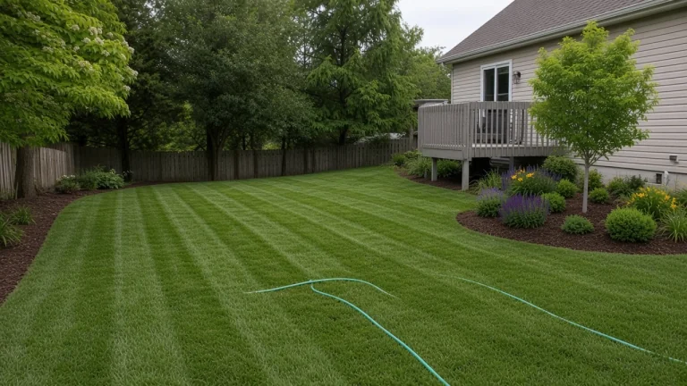 Freshly watered Iowa backyard lawn after new turf establishment
