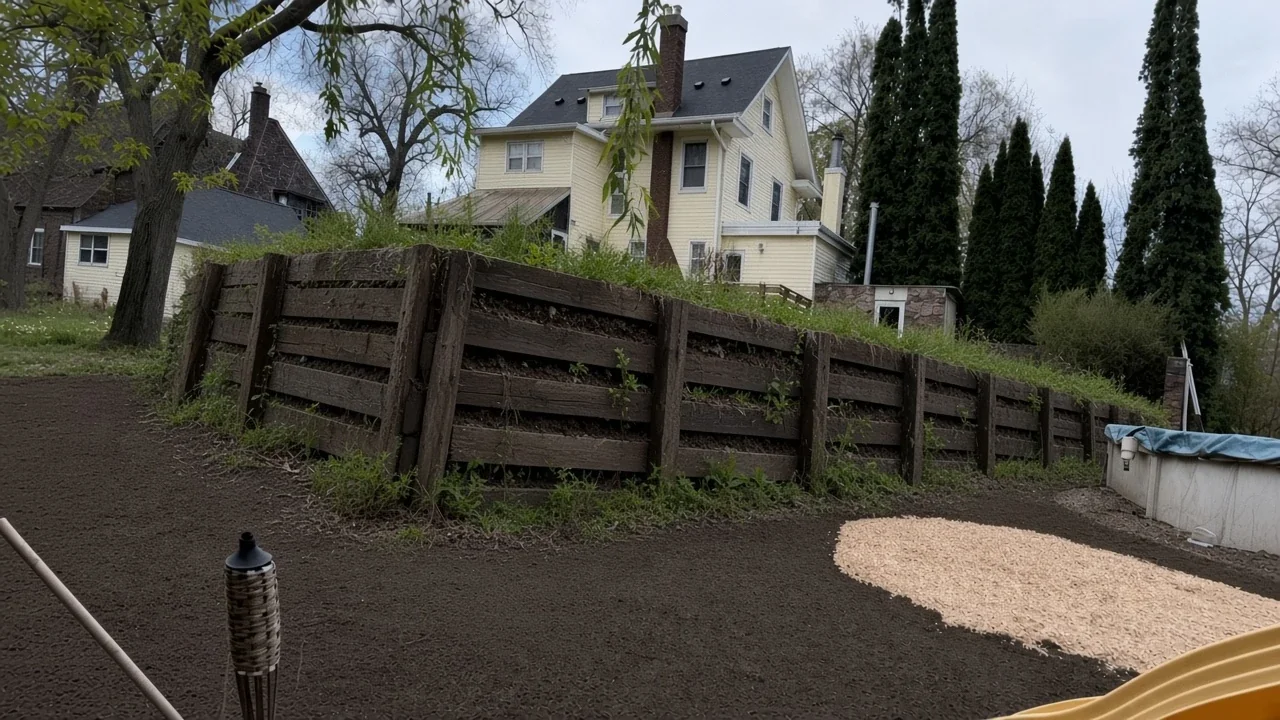 Failing timber retaining wall that needs replacement in Iowa