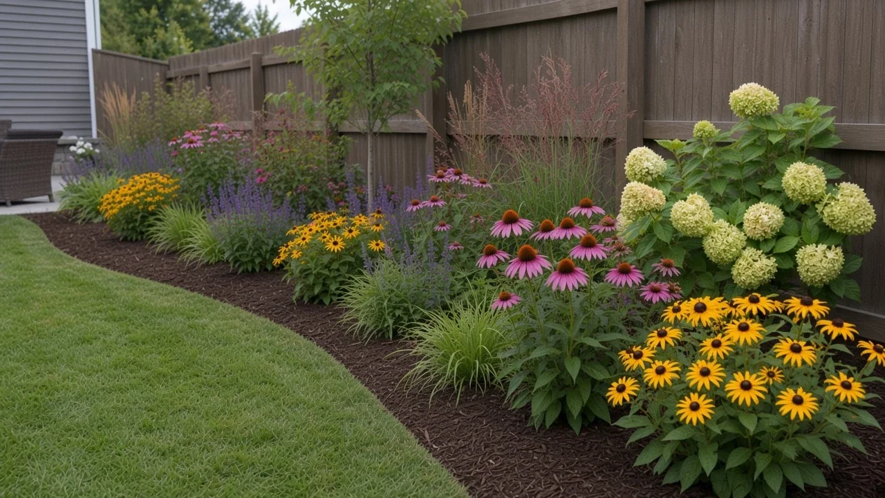 Hydrangeas and perennials in a native-friendly Iowa border bed