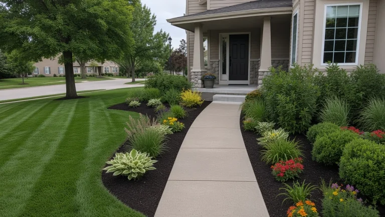 Designed Iowa landscape with layered beds, lawn, and a walkway