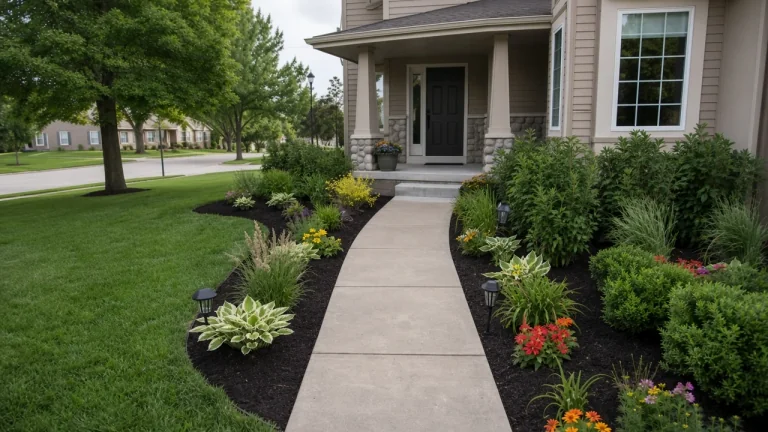 Path lights in mulched hosta beds along a Cedar Falls front walk
