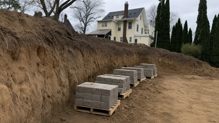 Excavated hillside at the start of a Cedar Falls retaining-wall project