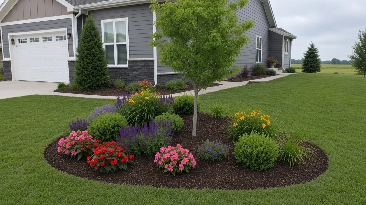 Cedar Falls front yard with mulched beds, boulders, and a mowed lawn