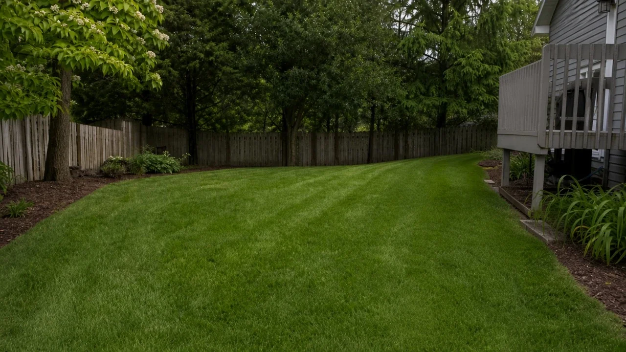 Large Iowa lawn with mowing stripes around trees after aeration-season care