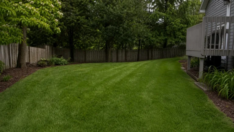 Large Iowa lawn with mowing stripes around trees after aeration-season care