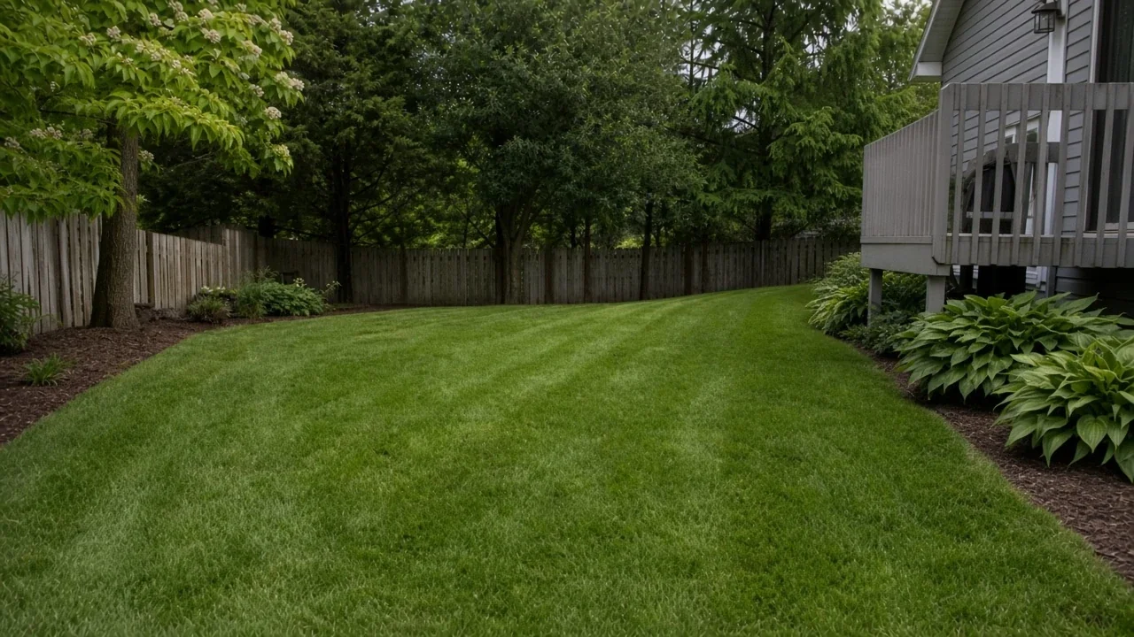 Freshly mowed Cedar Falls front lawn with clean stripes along the driveway