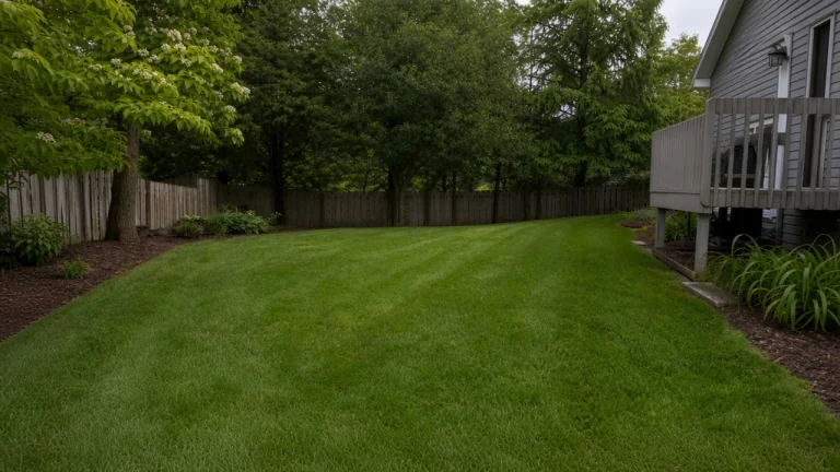 Thick Iowa turf around shade trees after lawn disease treatment