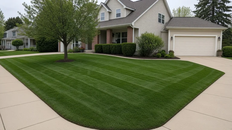 Striped corner-lot lawn after fertilization and professional mowing