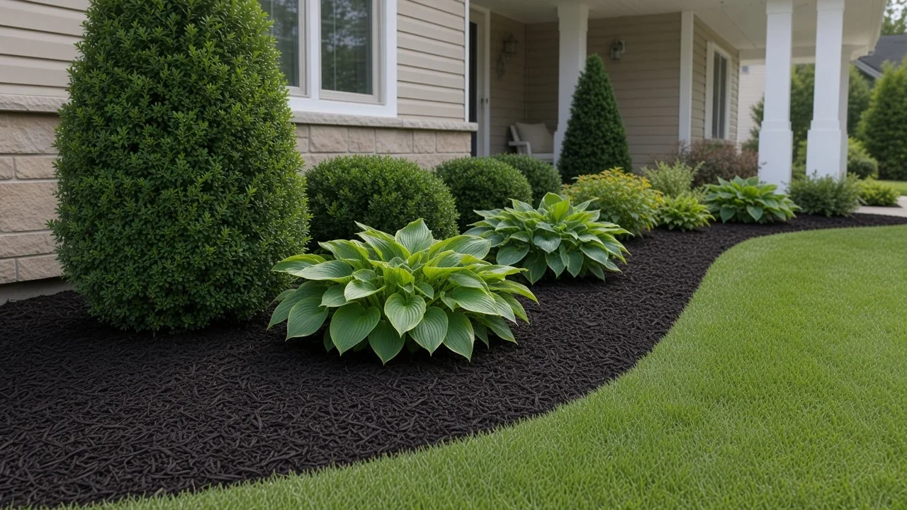 Mulched foundation bed comparing depth and coverage in an Iowa landscape