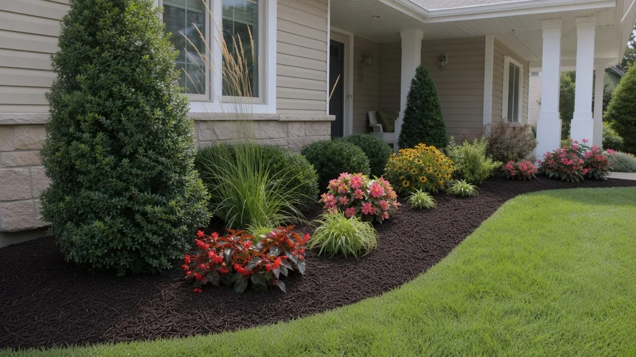 Hardwood mulch in Iowa garden beds with a clean lawn edge