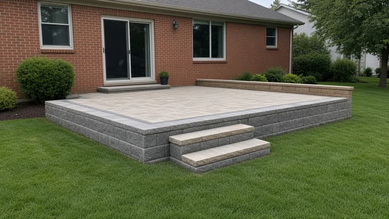 Raised paver patio with stone steps and a retaining wall in Cedar Falls