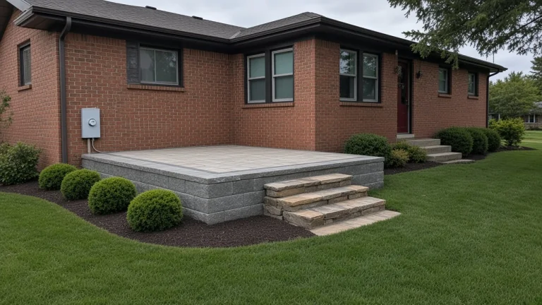 Stone steps connecting a raised patio to the yard in Cedar Falls