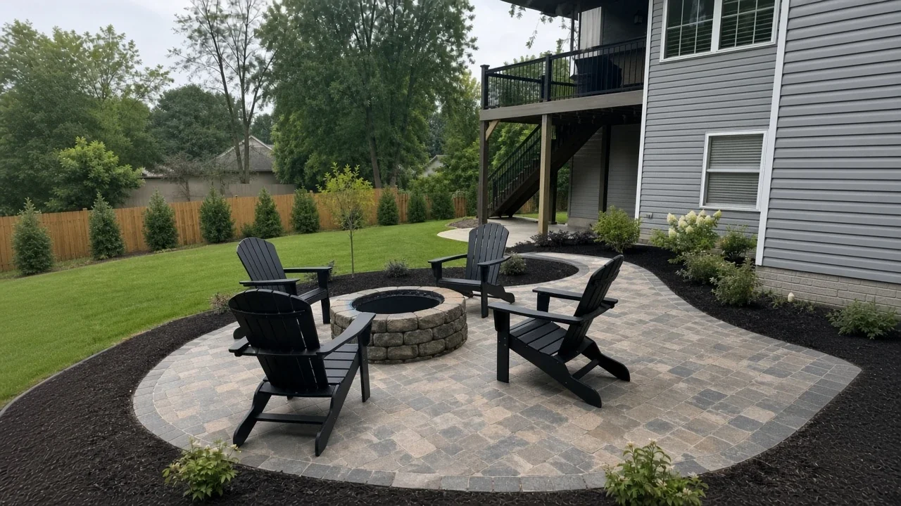 Backyard paver patio with fire pit, stone steps, and planting beds