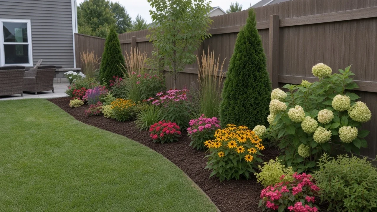 Fence-line perennial border with hydrangeas in an Iowa garden