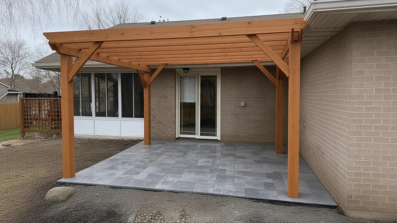 New cedar pergola over a gray paver patio at a Cedar Falls brick ranch