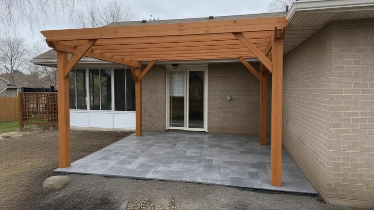 New cedar pergola over a gray paver patio at a Cedar Falls brick ranch