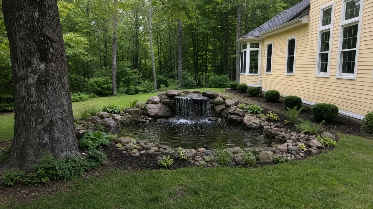 Completed koi pond and stone waterfall beside a Cedar Falls home