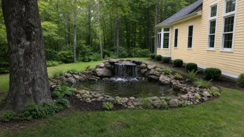 Completed koi pond and stone waterfall beside a Cedar Falls home