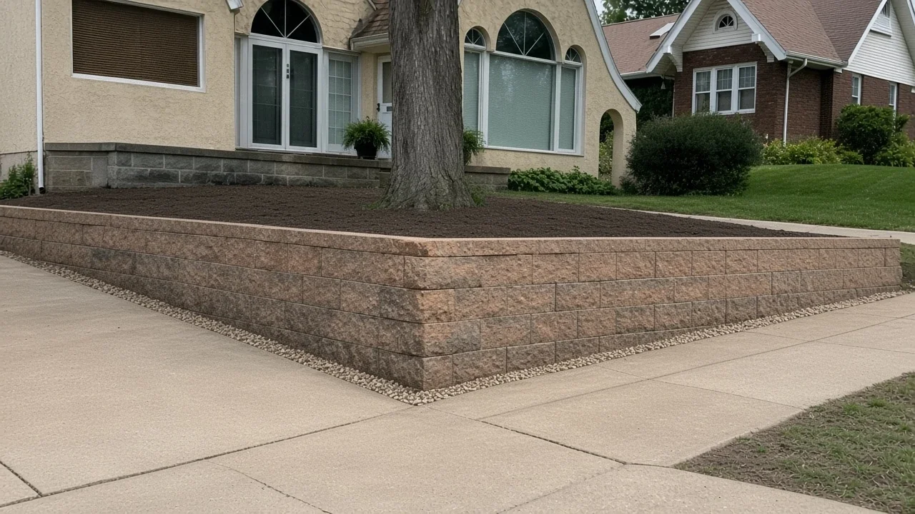 Tan block retaining wall with a mulched terrace at a Cedar Falls cottage