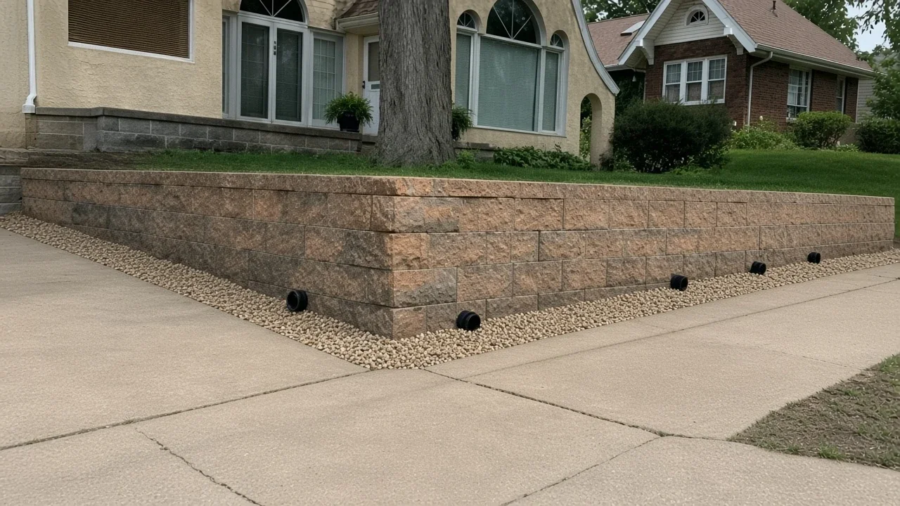 Gravel at the base of a block wall showing Iowa retaining-wall drainage