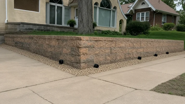 Gravel at the base of a block wall showing Iowa retaining-wall drainage