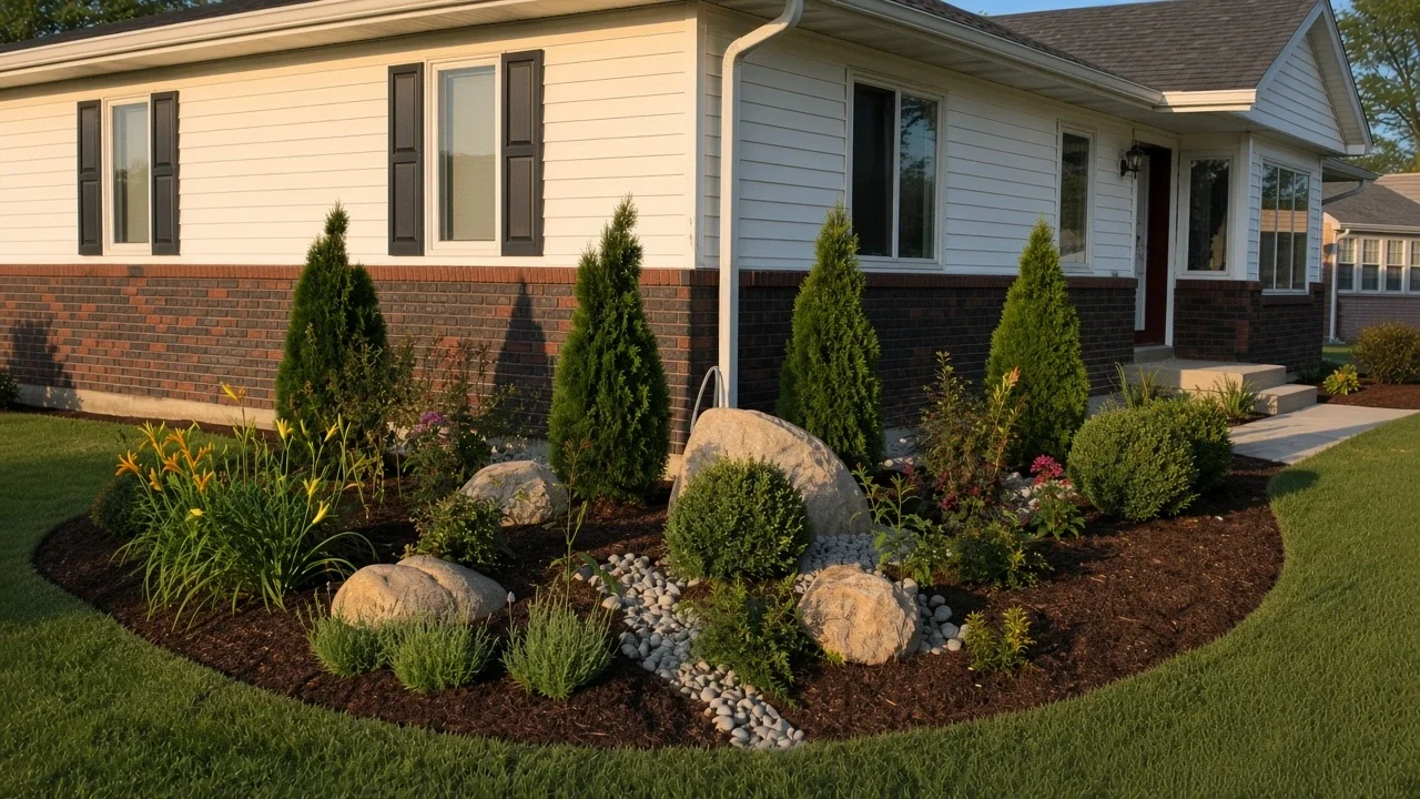 Corner bed with arborvitae, landscape boulders, and river rock