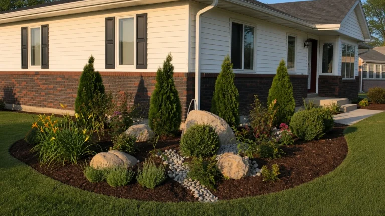Corner bed with arborvitae, landscape boulders, and river rock