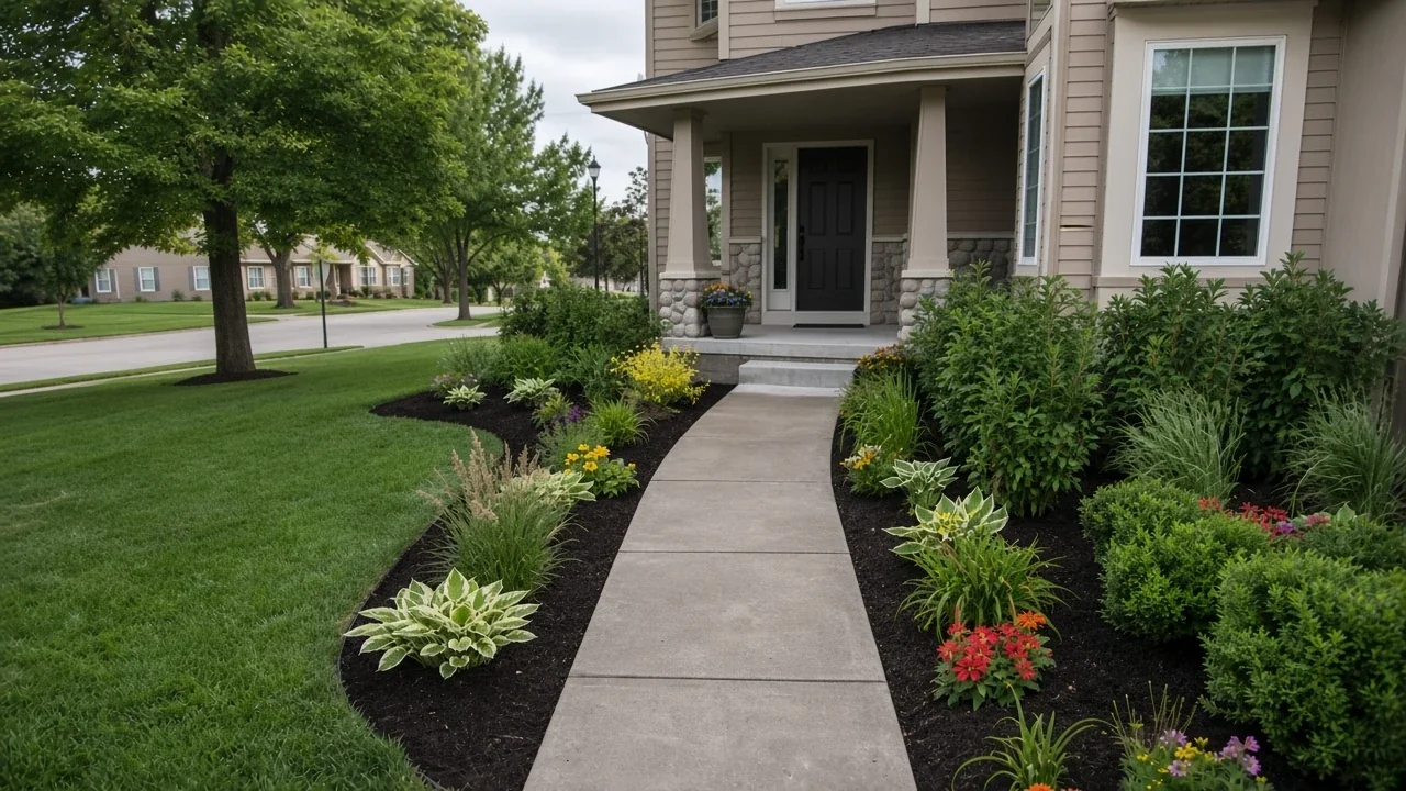 Hostas and shade plantings lining a Cedar Falls front walkway